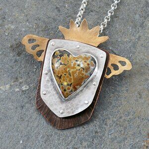 Mixed Metal Winged Shield Pendant with Ocean Jasper Heart One Of A Kind